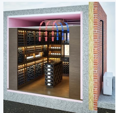 Cutaway of a ducted split wine cellar cooling installation showing concealed ceiling unit and airflow
