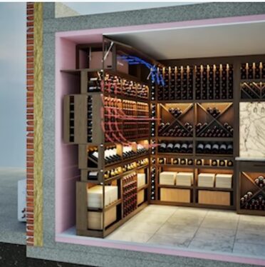 Cutaway of a ductless split wine cellar cooling installation showing indoor evaporator and refrigerant lines